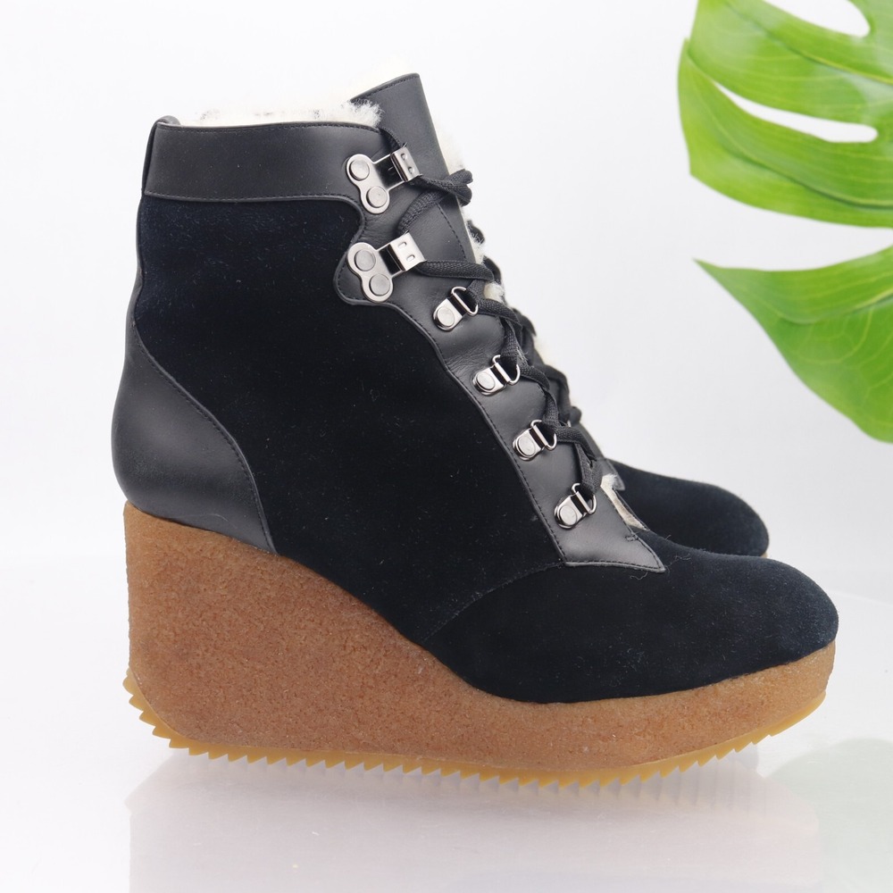 Joie Womens Alary Boot Size 9 Black Suede Shearling Wedge Platform LaceUp Bootie